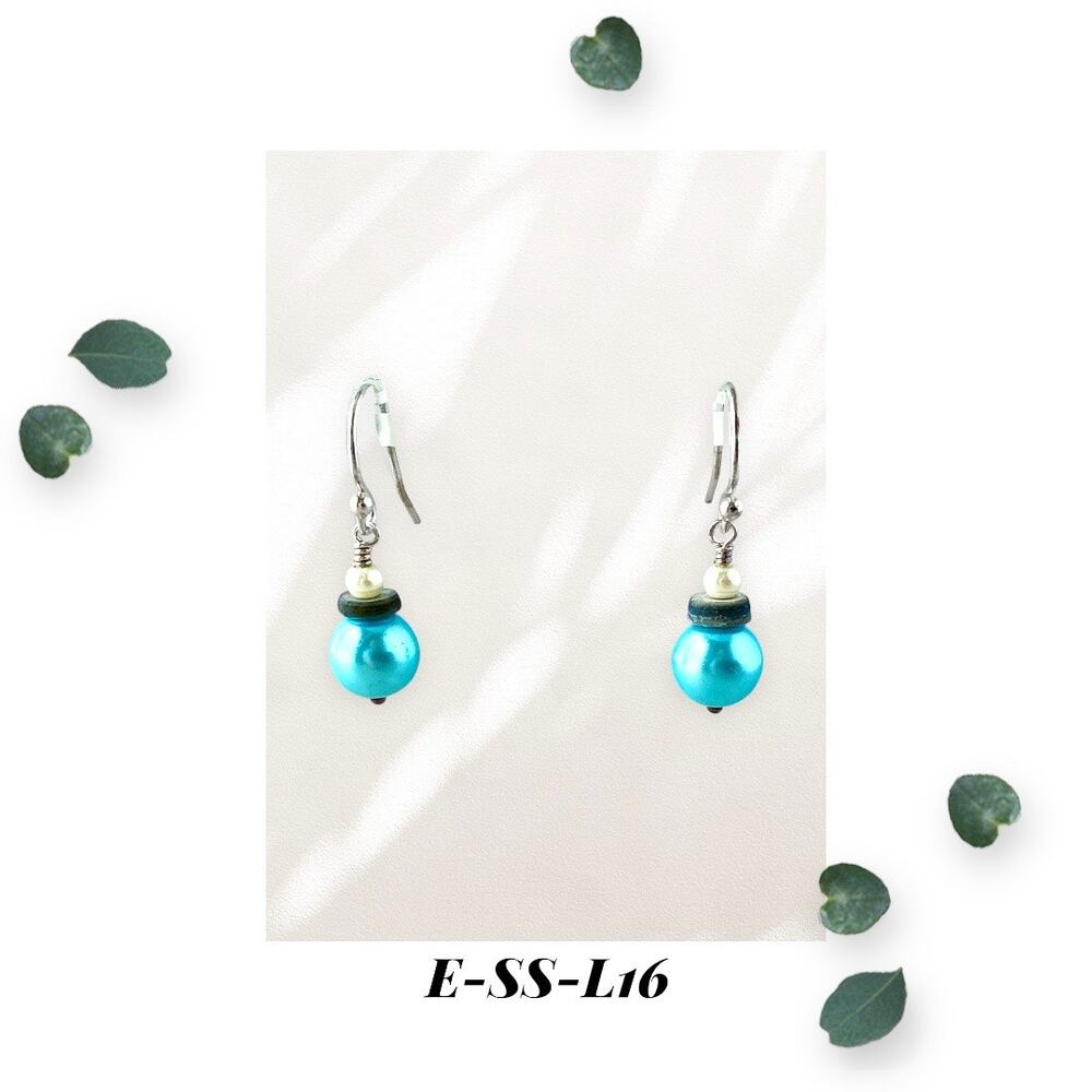 Turquoise and Ivory Glass Pearl - Blue Steel Shell - Sterling Silver Earrings